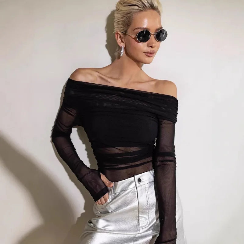 Women  Mesh Off Shoulder Top Sheer Long Sleeve Ruched Blouse Bodycon Slim Fit Going Out Clubwear Crop Top for Party Y2k Clothes