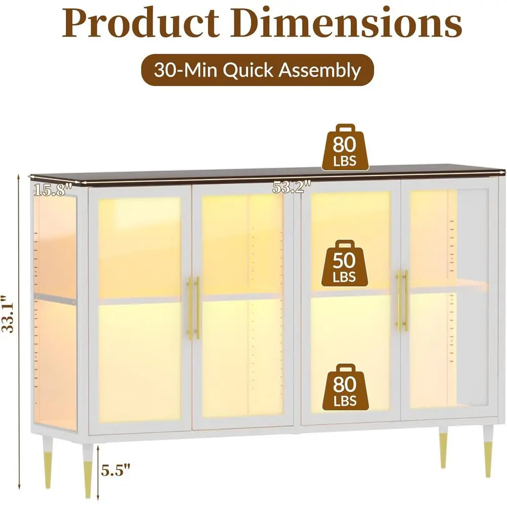 LED-Illuminated Glass Sideboard Cabinet, Metal & Wood Modern Storage with Adjustable Shelves, Suitable for Coffee Bar, Kitchen,