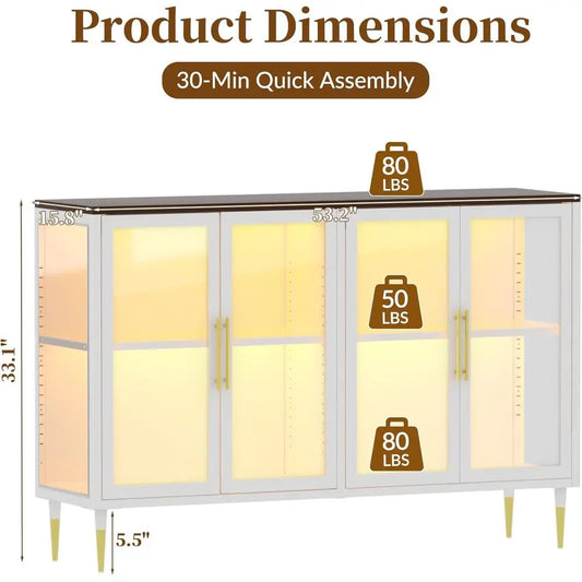 LED-Illuminated Glass Sideboard Cabinet, Metal & Wood Modern Storage with Adjustable Shelves, Suitable for Coffee Bar, Kitchen,