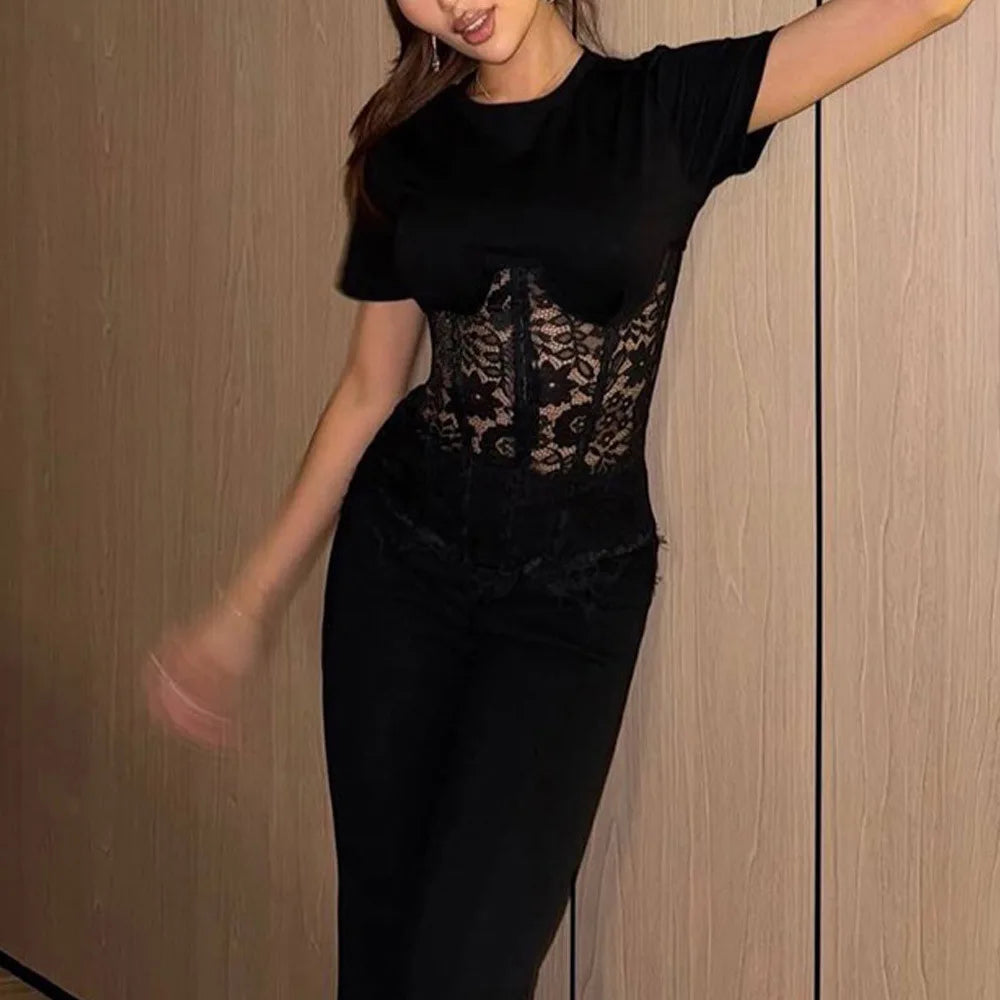 Sexy Women's Lace Patchwork Tops See Through O-neck Short Sleeve Bandage Waist Cinching Shirts 2026 Spring Lady New All-match