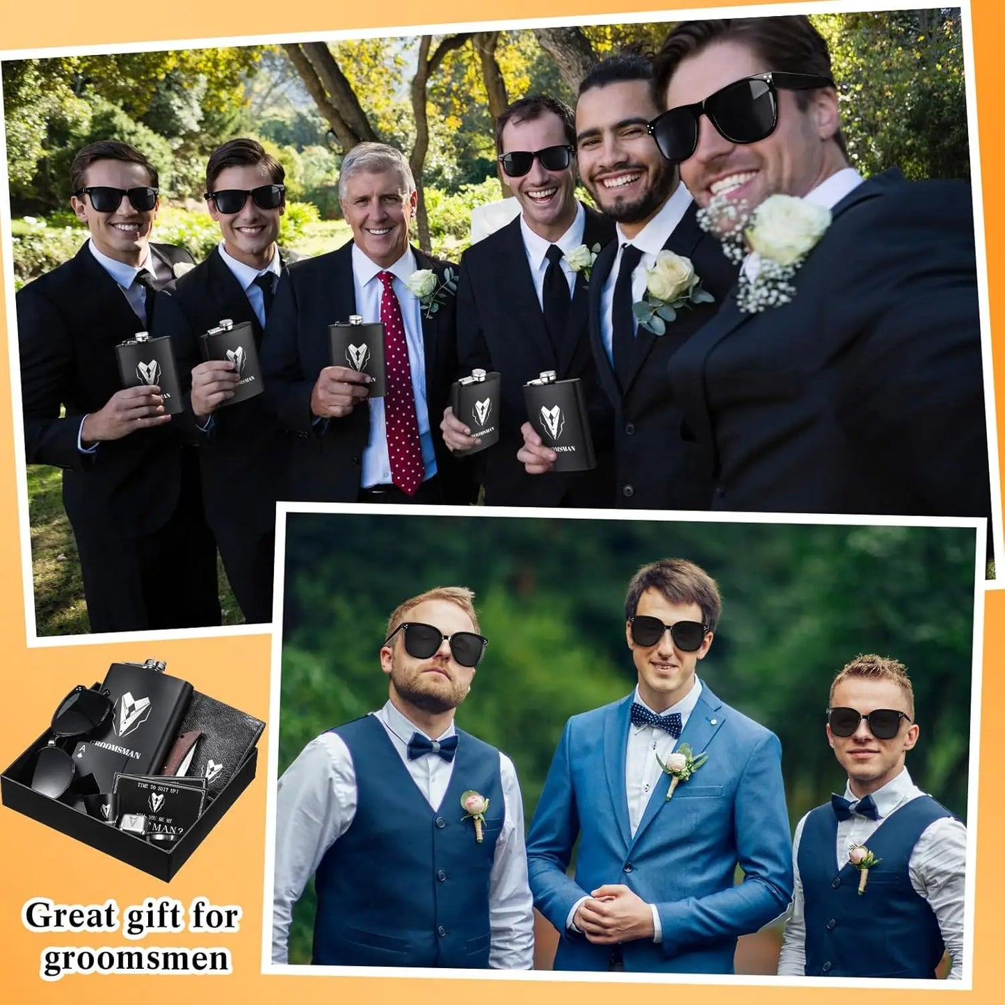66 Pcs Groomsmen Proposal Set: Shot Glasses, Stainless Steel Flask, Funnel, Gift Boxes, Sunglasses, Knives, Bottle Opener
