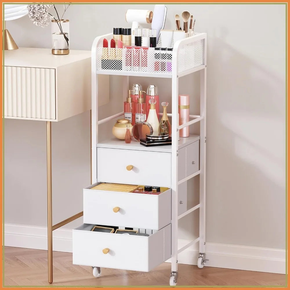 Rolling Makeup Cart Organizer - 3 Drawer Storage for Skincare Cosmetics Nail Polish