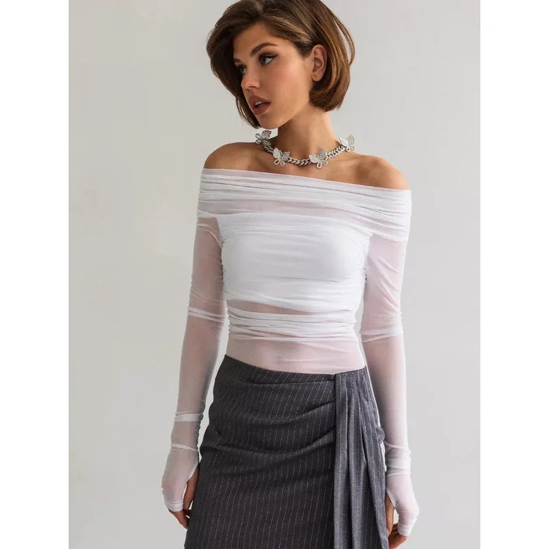 Women  Mesh Off Shoulder Top Sheer Long Sleeve Ruched Blouse Bodycon Slim Fit Going Out Clubwear Crop Top for Party Y2k Clothes