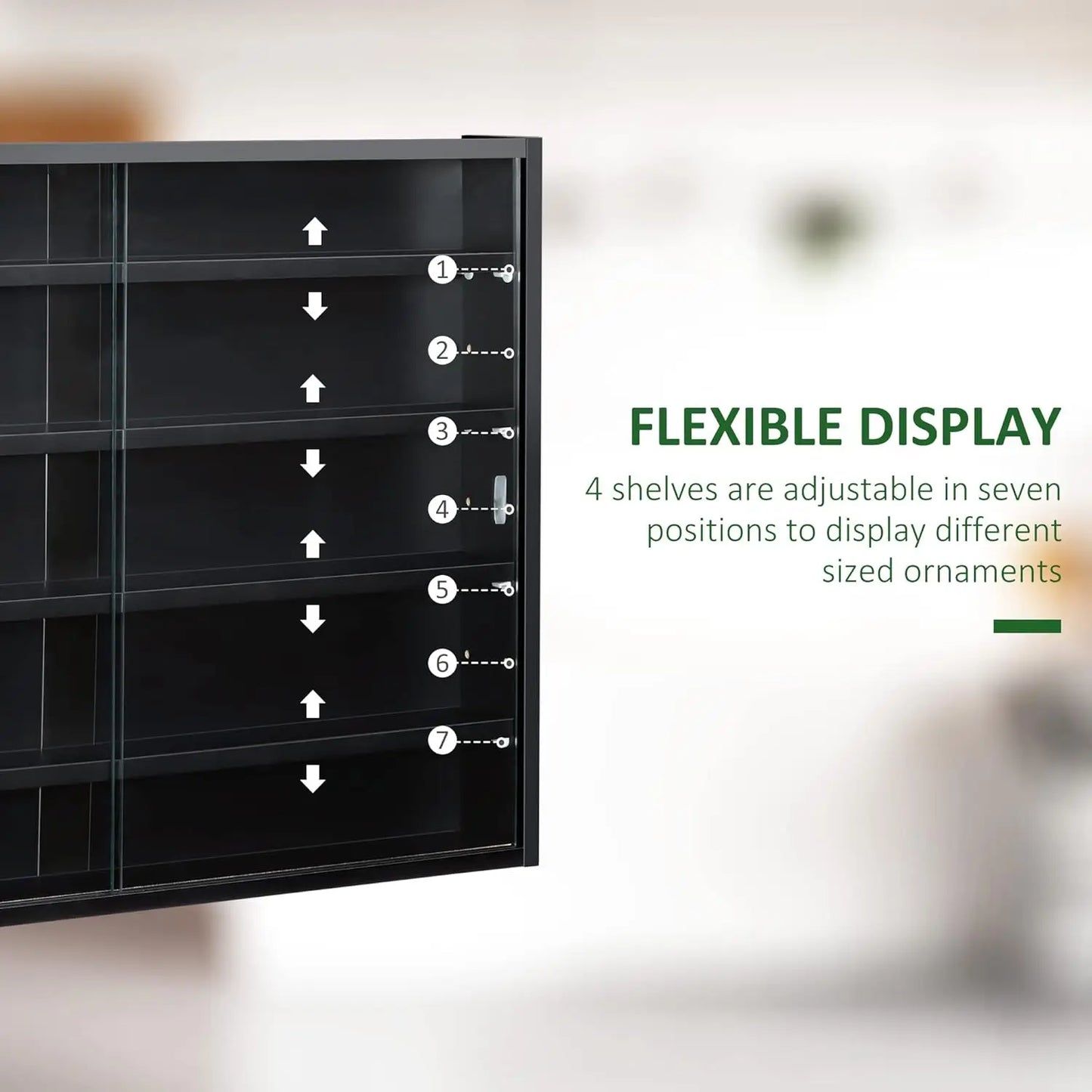 5-Tier Display Cabinet, Glass Door Cabinet with Adjustable Shelves, Wall-Mounted Display Case for Playroom, Bedroom, Black