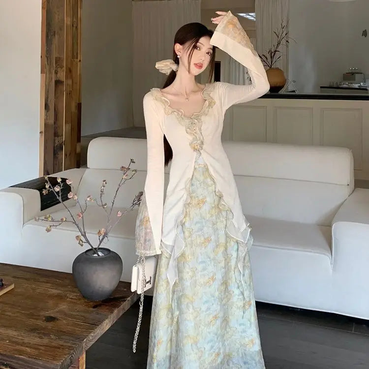 Women's Two Piece Set Ruffle Trim Knit Cardigan & Floral Print Maxi Skirt Elegant Fairy Style Outfit Spring Summer Casual Daily