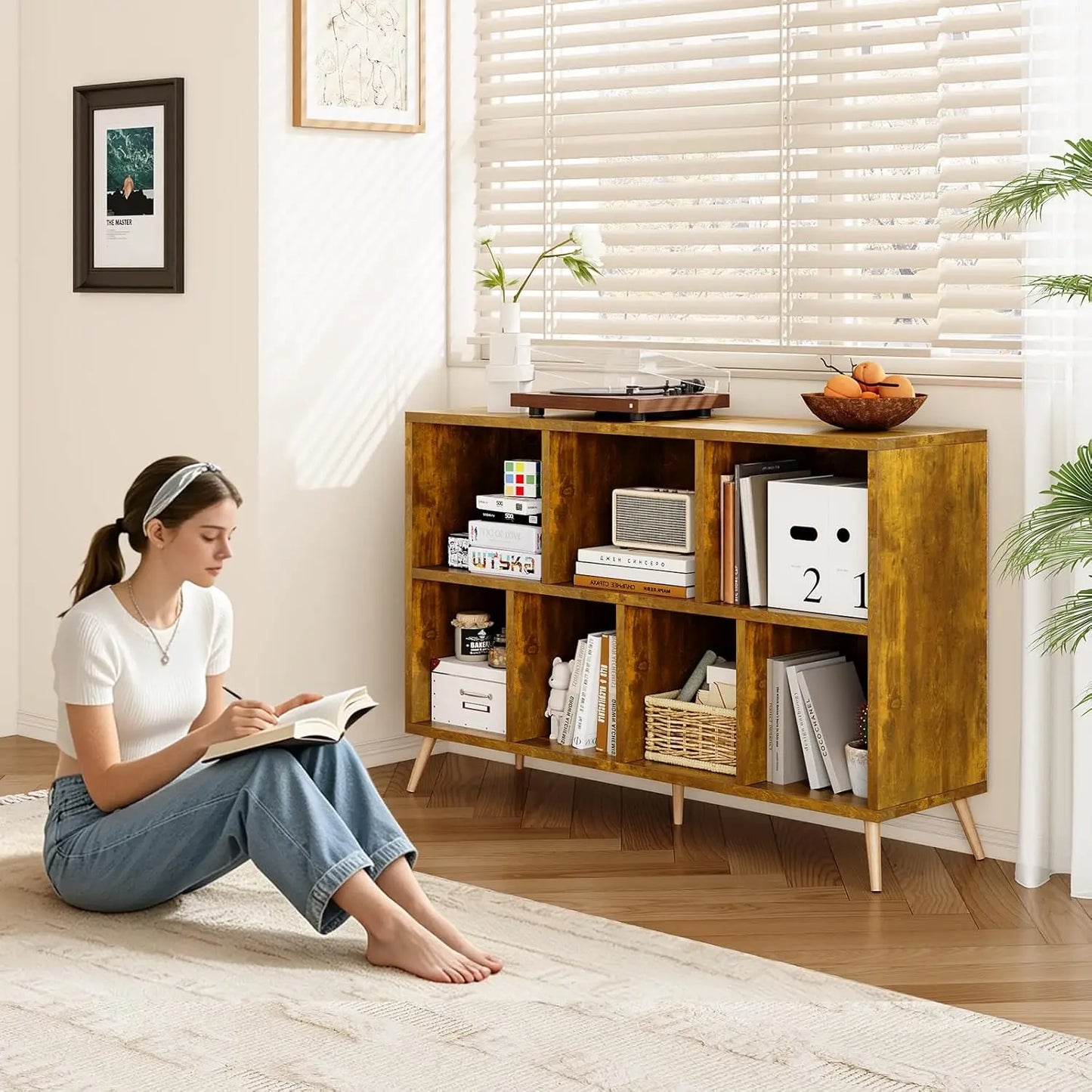7-Cube Storage Organizer with Natural Wood Legs, Mid-Century Modern Bookcase, Freestanding Toy Storage Bookshelf for Living