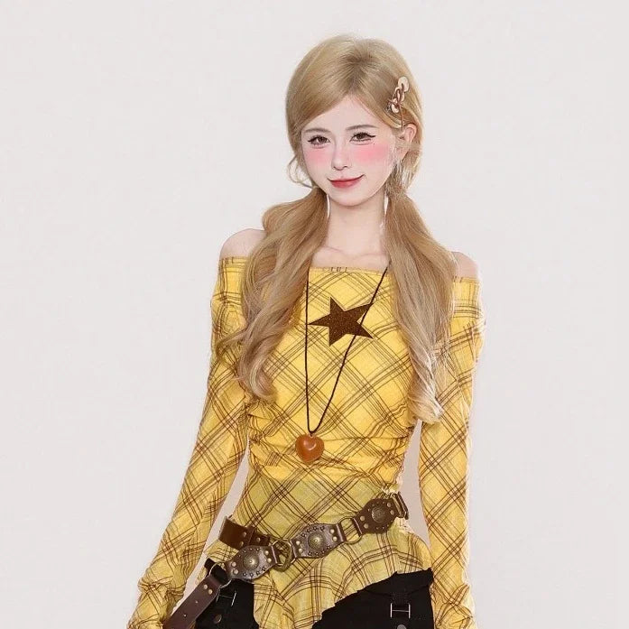 Y2K Plaid Slash Neck Vintage T-Shirt for Women, Grunge Ruffled Bodycon Top, Sexy Fairy Aesthetic