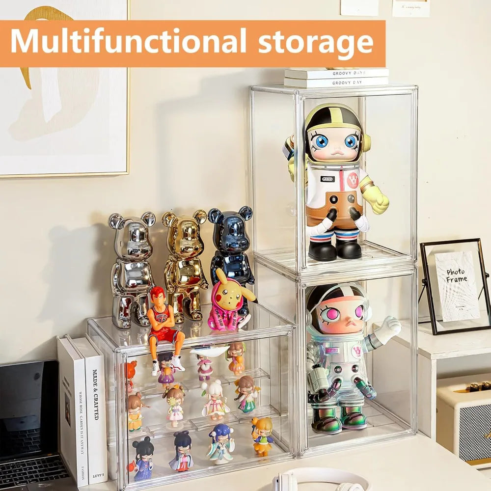 3 Tier Acrylic Display Case for Collectibles with Movable Dividers, Clear Stackable Showcase with Magnetic Door