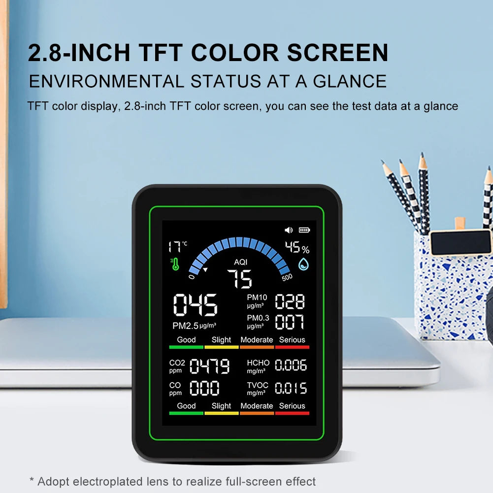  10-in-1 Air Quality Monitor Real-Time Temp Humidity HCHO TVOC CO2 Detector With 2.8In TFT Display Screen PM2.5 for Home Office