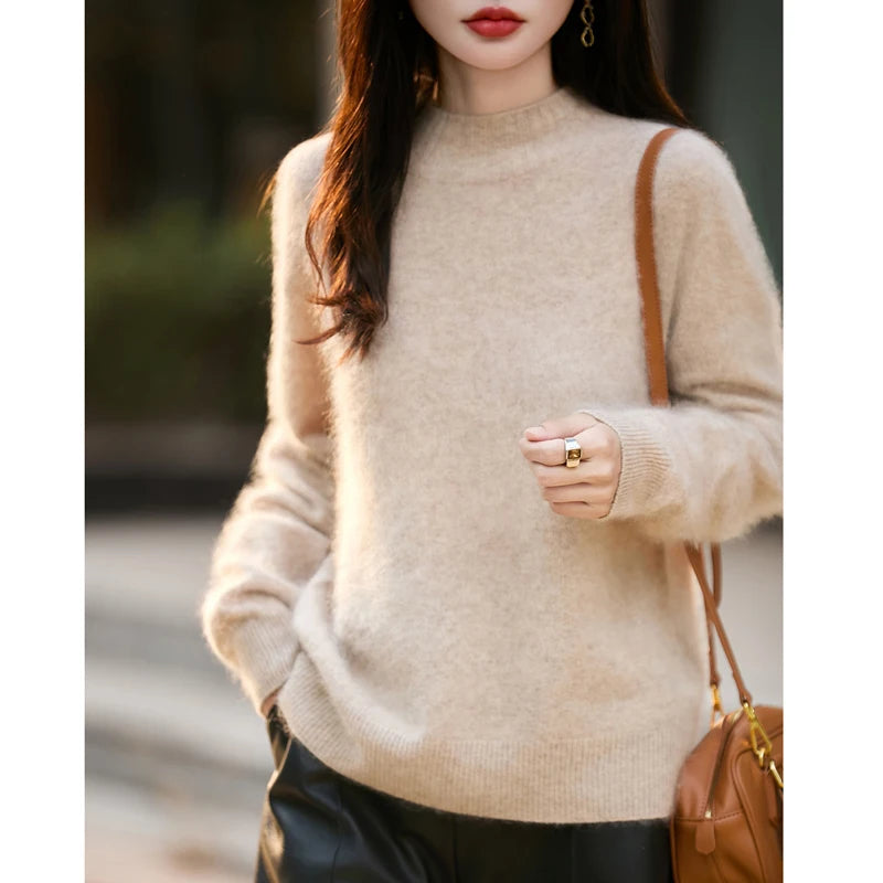 100% Wool Women's Fluffy High Neck Pullover, Loose Knit Winter Sweater Coat, Autumn Warm Top