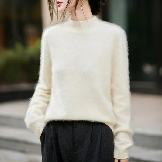 100% Wool Women's Fluffy High Neck Pullover, Loose Knit Winter Sweater Coat, Autumn Warm Top