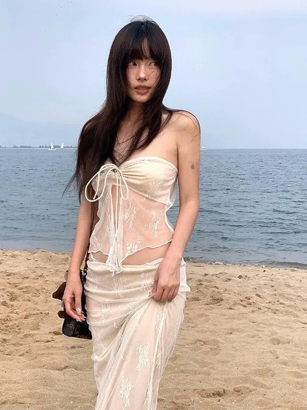 Summer Women's Clothing Sexy Lace Strapless Tankini Swimsuit Set For Woman Three Piece Bikini Sets Bathing Suit Milk Silk