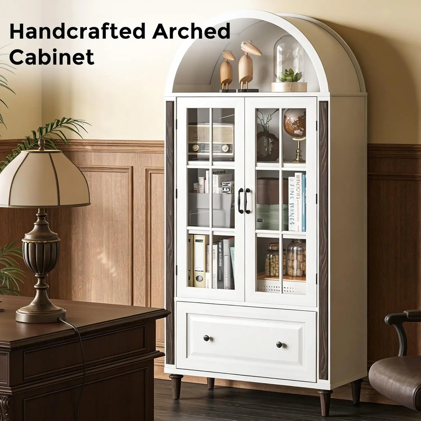71” Handcrafted Arched Bookcase, Filing Cabinet for Home Office, Wooden Display Cabinet with Glass Doors , Customized