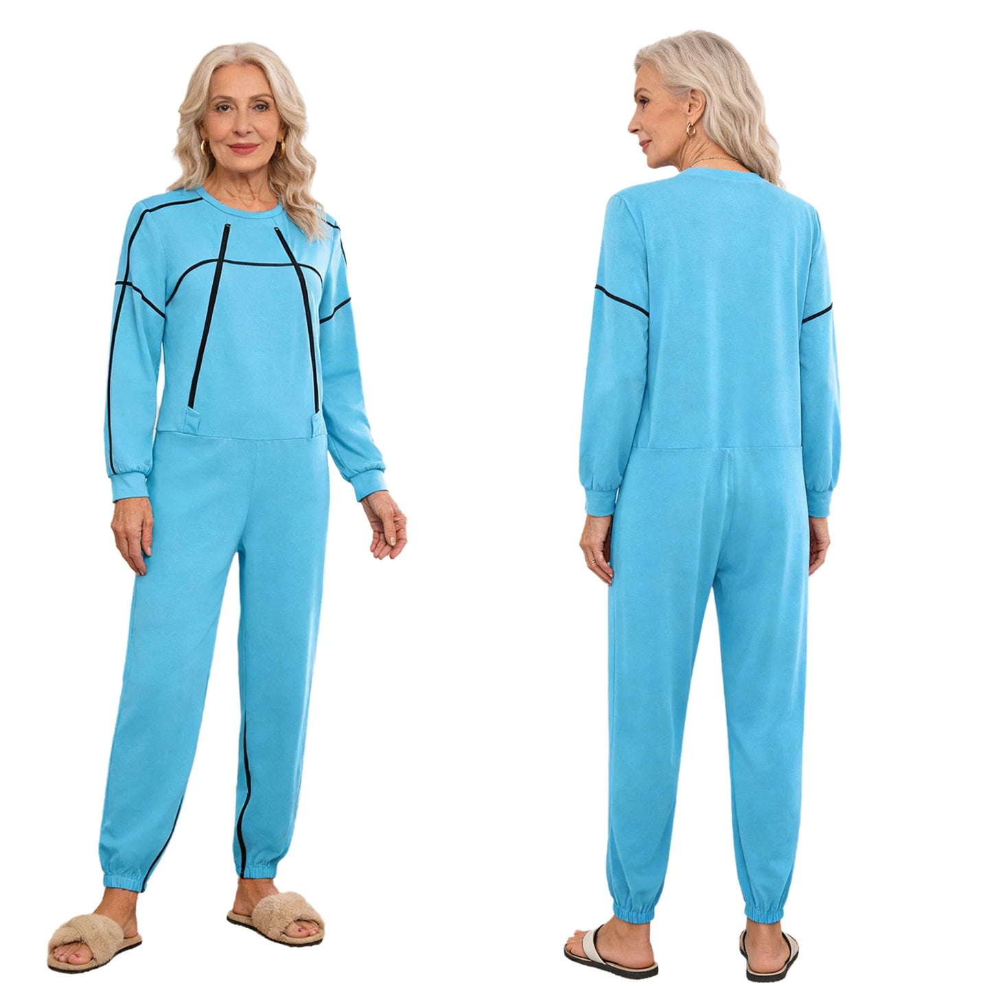 Women Elderly Dementia Alzheimer Adaptive Anti-strip Jumpsuit Long Sleeve Long Pants Rompers for Special Needs Caring Patient