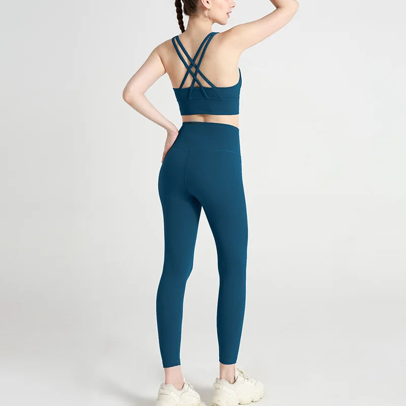 Classic women's yoga suit 2 piece set cross sling bra vest, butter touch stretch leggings gym workout dance sports suit