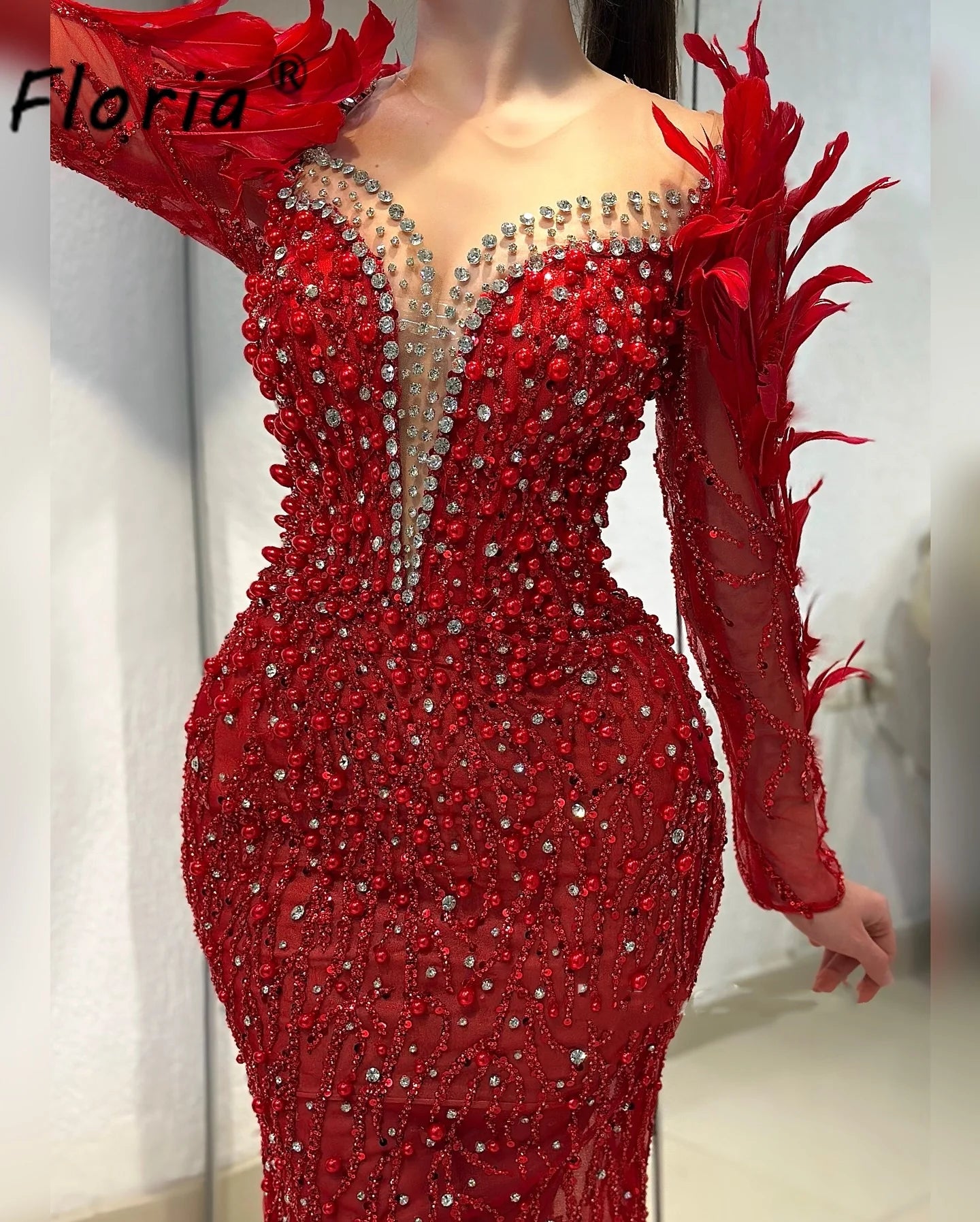 Modest Red Mermaid Wedding Dress Pearls Feather Mermaid Woman Formal Party Dresses Beads Long Sleeve Evening Dinner Party Gowns
