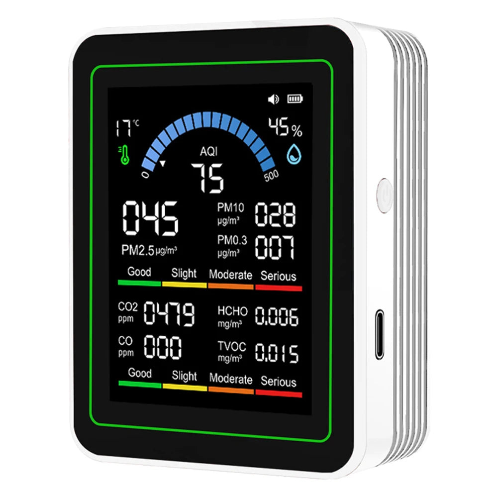 10-in-1 Air Quality Monitor Real-Time Temp Humidity HCHO TVOC CO2 Detector With 2.8In TFT Display Screen PM2.5 for Home Office