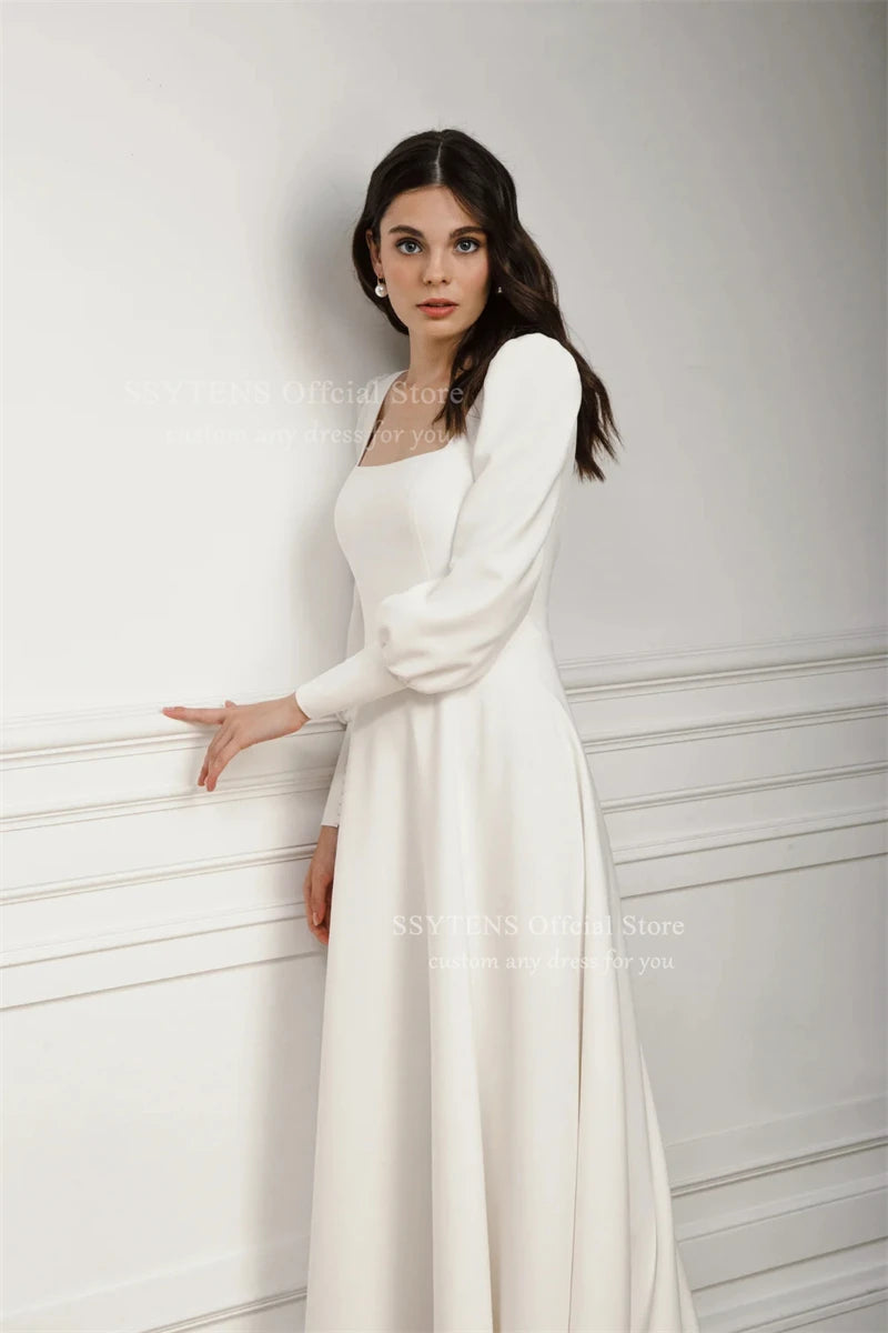 SSYTENS Elegant Square Neck A Line Wedding Dresses Full Sleeves Long Bridal Gown Woman Open Back Pleats Customized Bride Dress