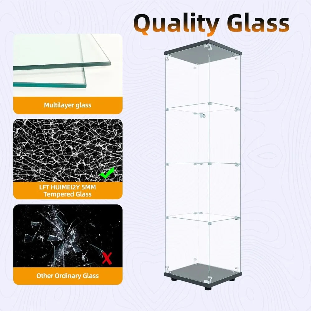4-Tier Glass Display Cabinet with Lock, 65"x17"x14" Black, Tempered Glass Curio for Collectibles & Wine
