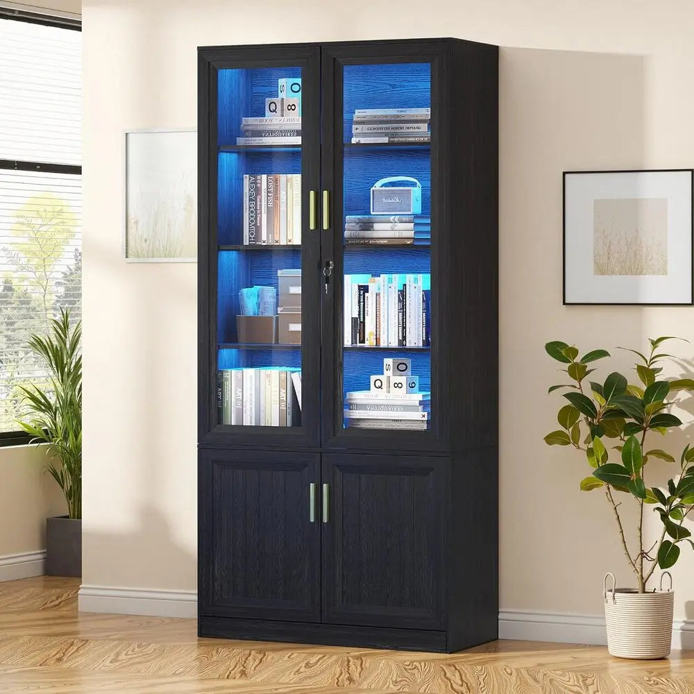 71" Tall Display Shel - with Glass Do, 4-Tier Book Shel Storage Cabinet with LED Lights & Lock, Curio Bookshel Display Cabinet o
