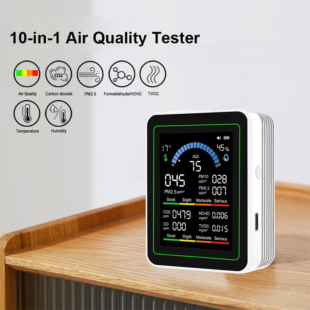  10-in-1 Air Quality Monitor Real-Time Temp Humidity HCHO TVOC CO2 Detector With 2.8In TFT Display Screen PM2.5 for Home Office