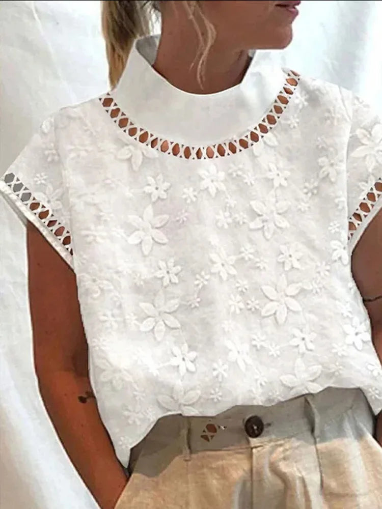 Women's Cotton Linen Pullover Shirt, Elegant Lace Trim Slim Fit Stand Collar Top for Summer Streetwear