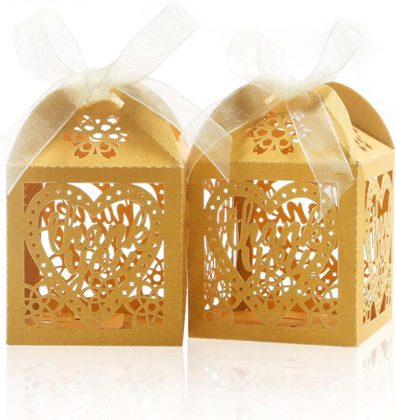 100pcs Gold Thank You Gift Boxes with Ribbons, 2x2x2.75 inch Lace Candy Boxes for Wedding Party Favors