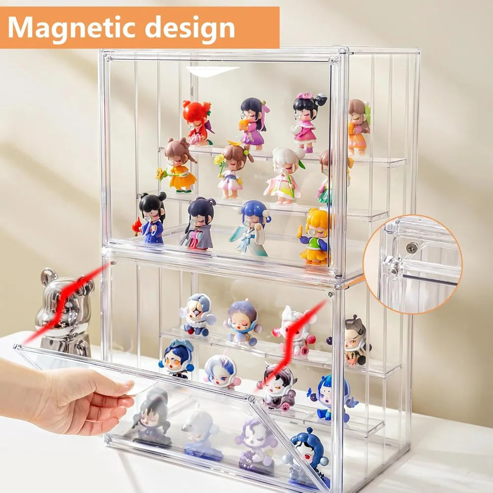 3 Tier Acrylic Display Case for Collectibles with Movable Dividers, Clear Stackable Showcase with Magnetic Door