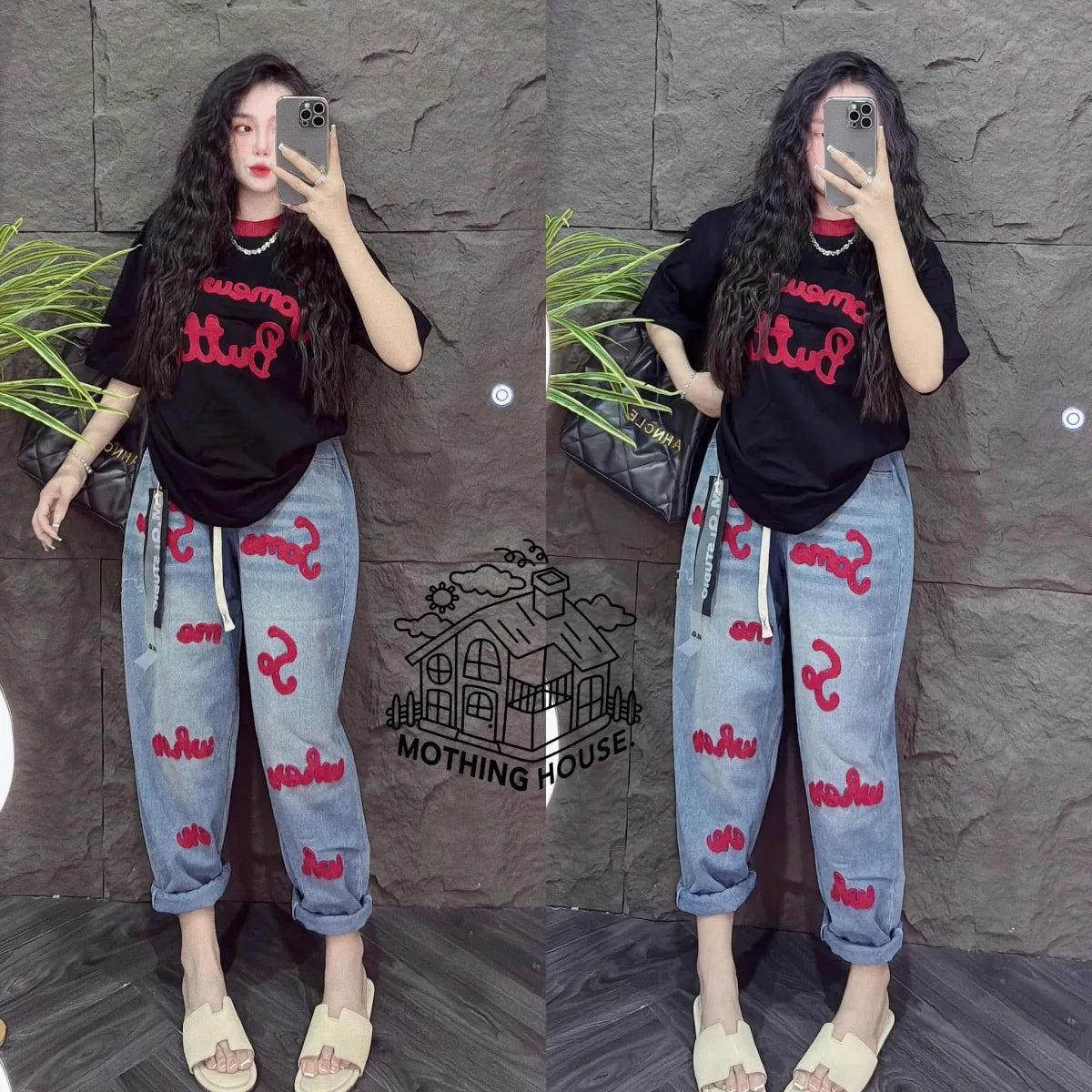 Retro Fashion Suit Women's Summer New Letter Printing Short-sleeved Milk Silk Wide-leg Pants Two-piece Set