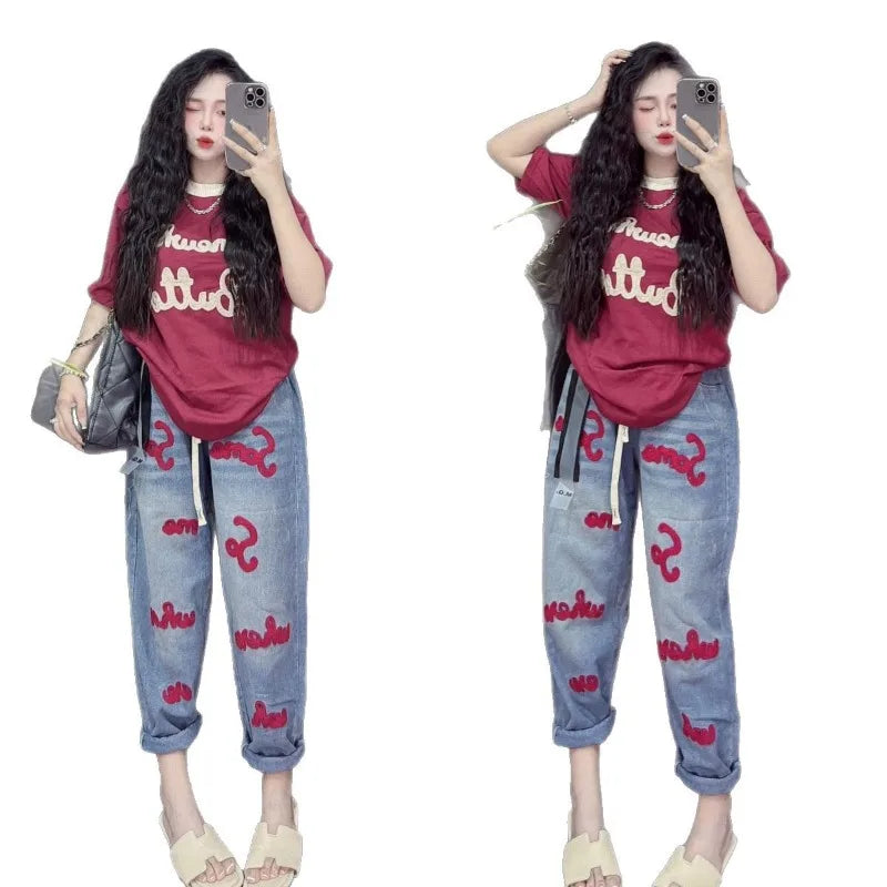 Retro Fashion Suit Women's Summer New Letter Printing Short-sleeved Milk Silk Wide-leg Pants Two-piece Set