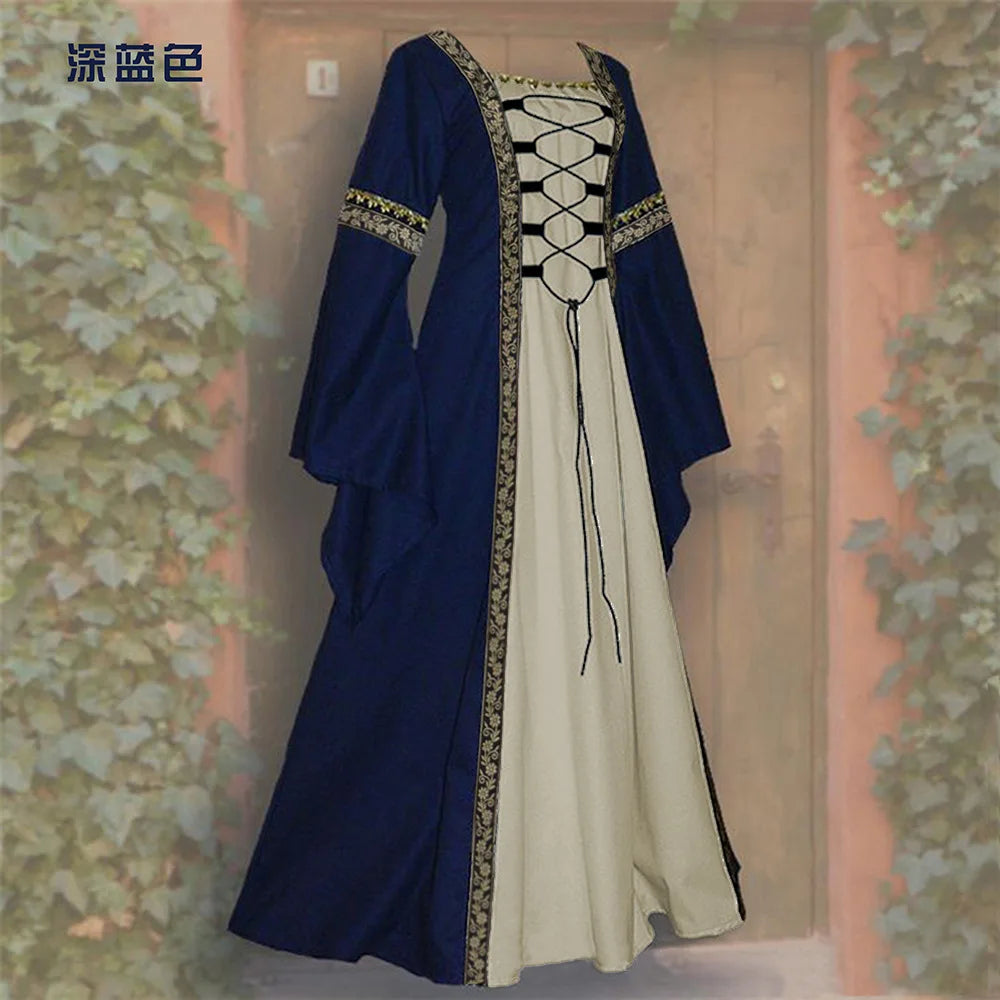Gothic retro long dress square collar flared long sleeve lace up design women's fashion dress slim silhouette match long dress