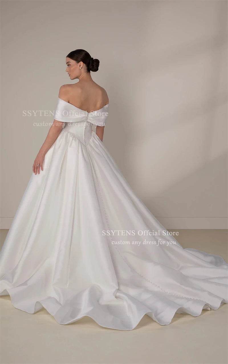 SSYTENS Soft Satin A Line Wedding Dresses Sleeveless Off The Shoulder Bridal Gowns Long Train Wedding Party Dresses Customized