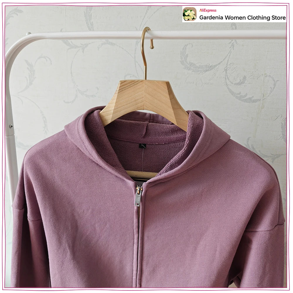 Spring & Autumn Matching Sets for Women Relaxtion Cotton Hoodies Set Cropped Zipper Hoodie + Tonal Straight Leg Drawstring Pants