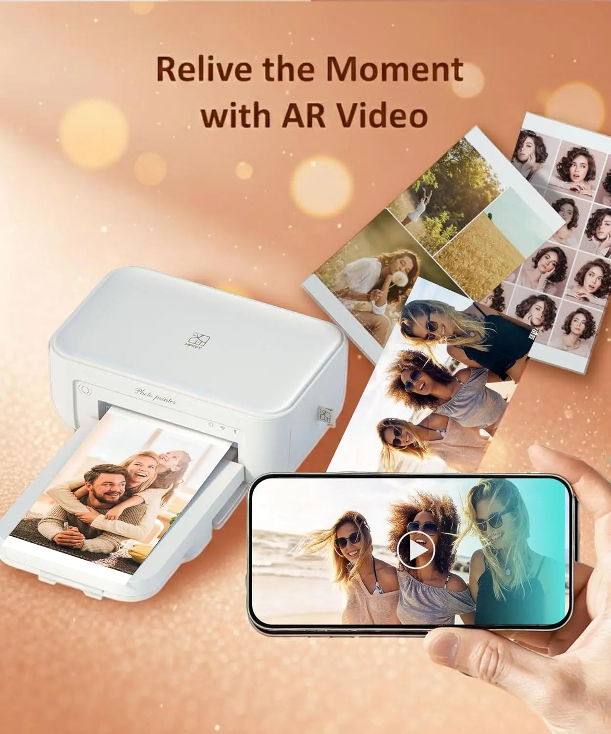 4x6 Photo Printer with Wi-Fi, Full-Color Thermal Dye Sublimation, Portable for iPhone/Android, AR Video App, Home Use in White