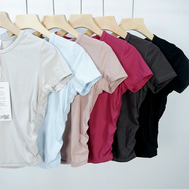 Ribbed Tight Shirt Sexy Waist Shaping Cropped Top Short Sleeve Shirts Women Gym T-shirt Breathable Yoga Clothes