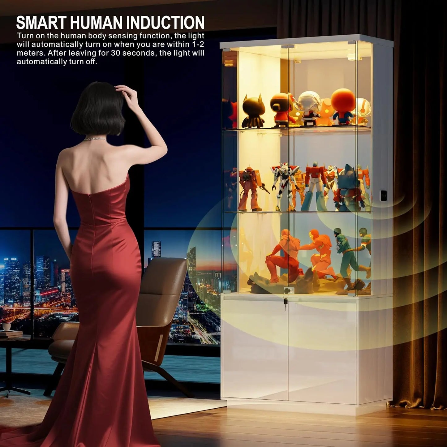 71'' Display Cabinet with Glass Doors&3 Color Lights&Lockable for Bedroom White,High Gloss Curio Cabinet with Adjustable Glas