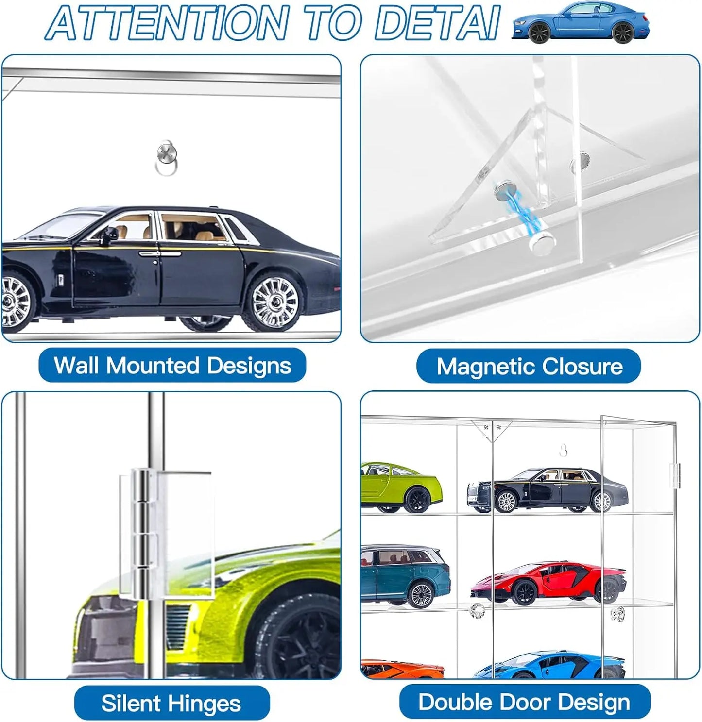 Acrylic Display Case for 1/24 Scale Diecast Storage, 4 Levels 8 Slots Toy Cars Showcase Wall Mount or Desktop, Clear Organizer