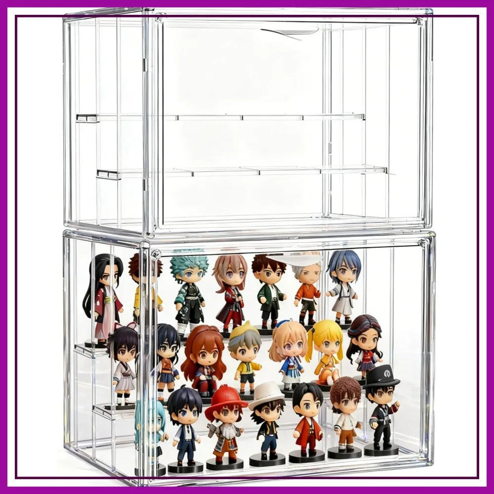 3 Tier Acrylic Display Case for Collectibles with Movable Dividers, Clear Stackable Showcase with Magnetic Door