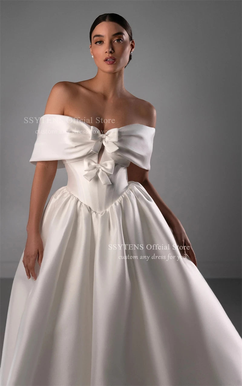SSYTENS Soft Satin A Line Wedding Dresses Sleeveless Off The Shoulder Bridal Gowns Long Train Wedding Party Dresses Customized