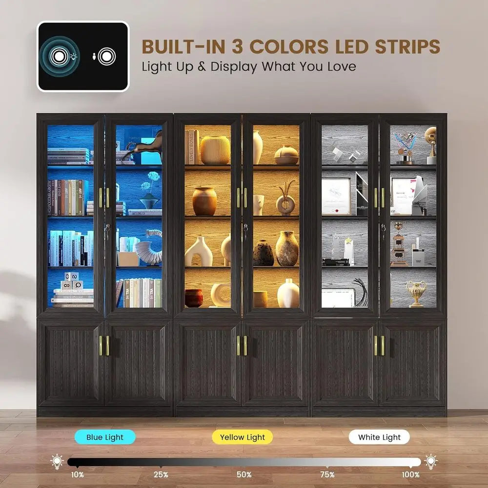 71" Tall Display Shel - with Glass Do, 4-Tier Book Shel Storage Cabinet with LED Lights & Lock, Curio Bookshel Display Cabinet o