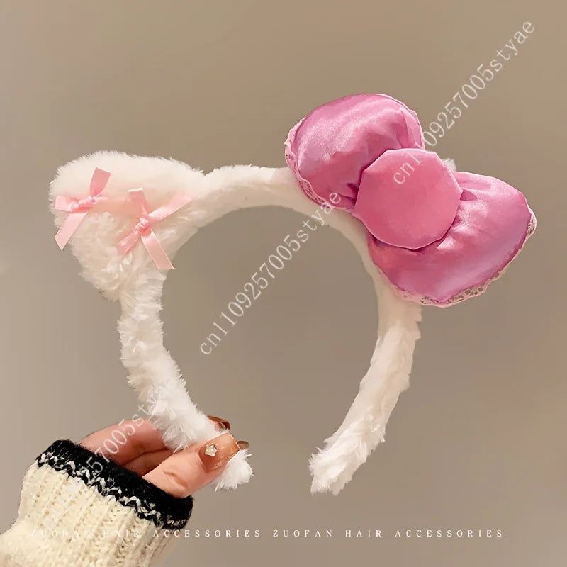Hello Kitty Pink Bow Plush Headband  Women'S Cute and Comfortable Hair Accessory Suitable for Face Washing and Decoration