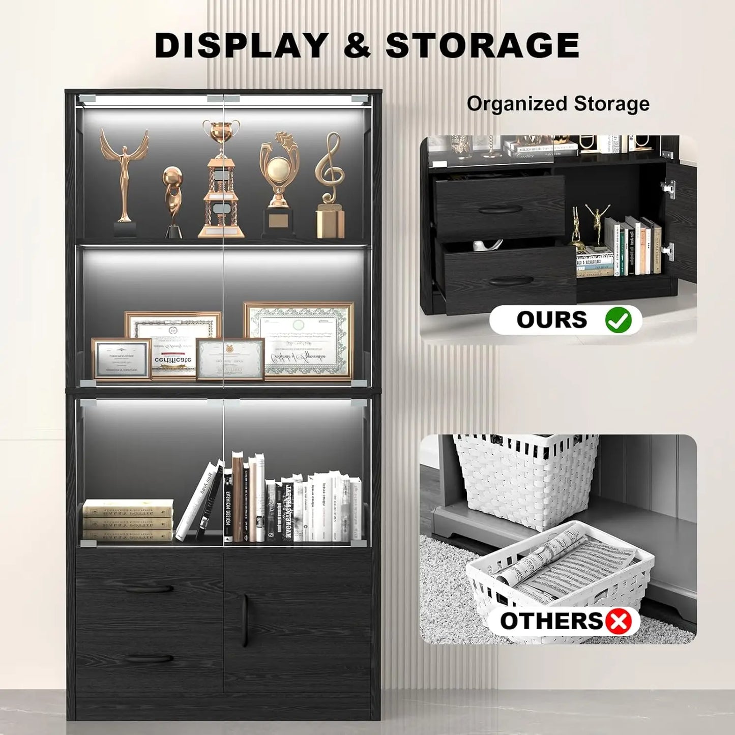 Display Cabinet with Glass Doors, 4-Tier Display Case with 3-Color Lights & Human Body Sensor, Storage Cabinets with 3 Shelve