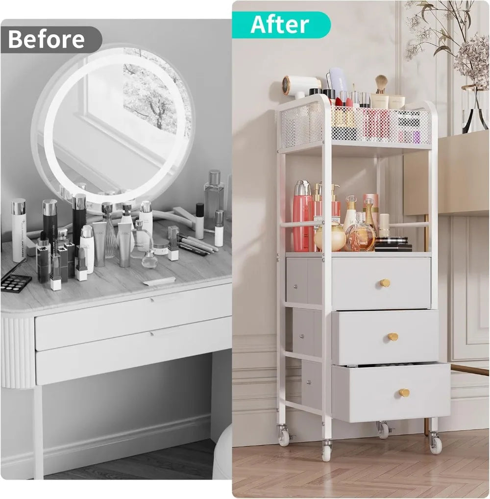 Rolling Makeup Cart Organizer - 3 Drawer Storage for Skincare Cosmetics Nail Polish