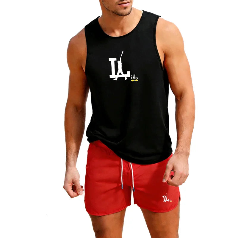 European Size Men Vest Shorts 2 Piece Set Casual Beach Surfing Outfit Sportswear Outdoor Jogging Gym Athletic Fashion Trend