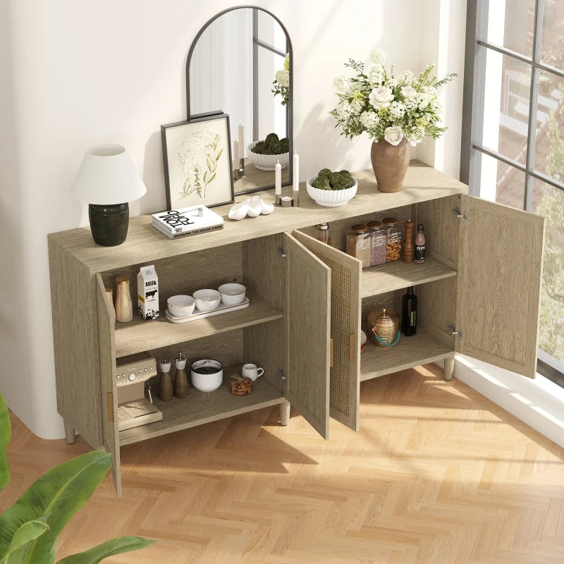 70" Rattan Buffet Cabinet with Storage, 4-Door Sideboard Buffet Cabinet with Adjustable Shelves for Kitchen, Living Room and