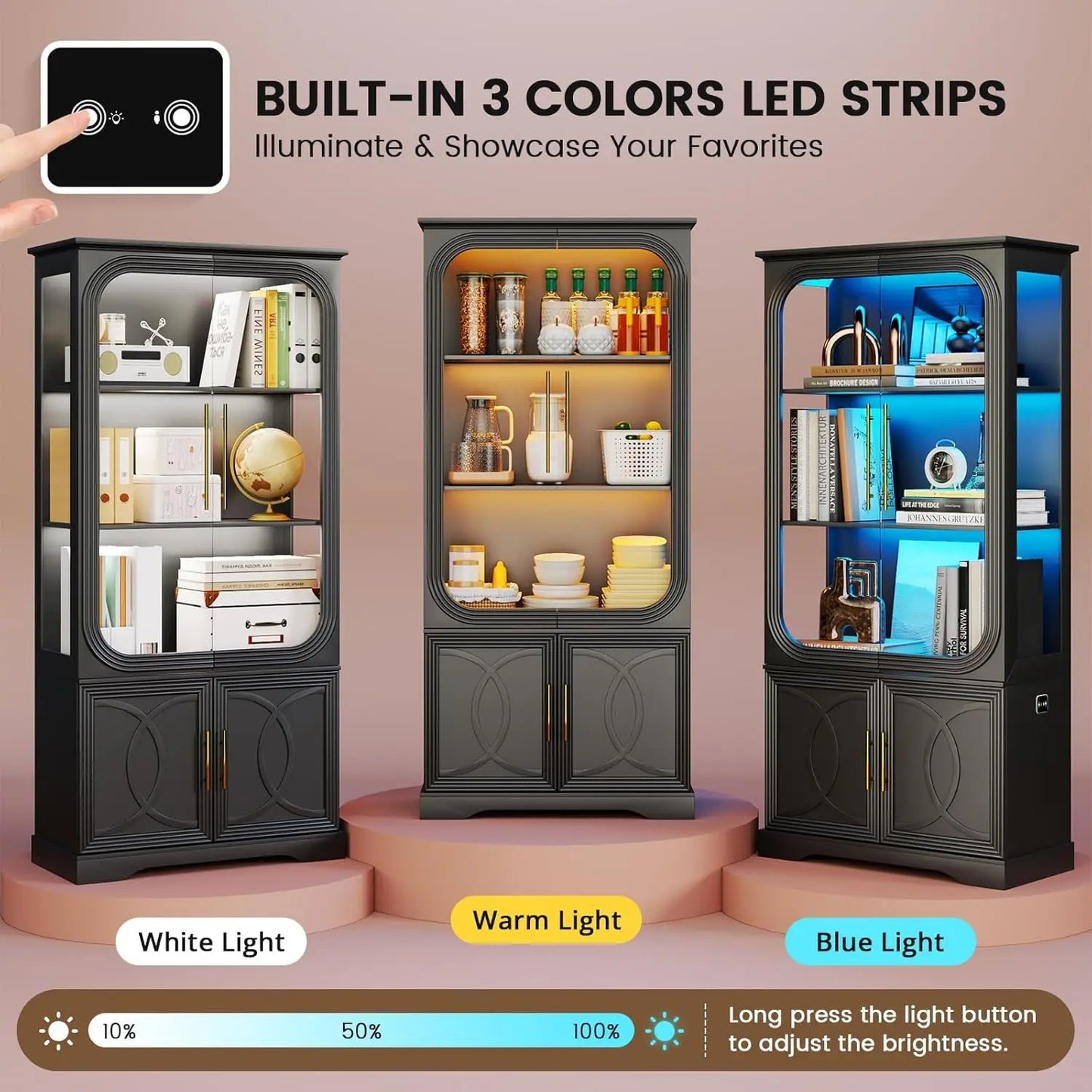 Display Curio Cabinet with Glass Doors, 69 in Tall Bookcase with LED Lights, Storage Cabinet|Kitchen Pantry, Customized
