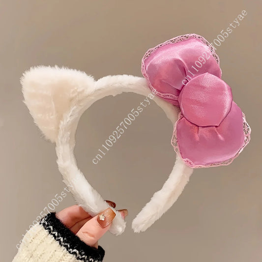 Hello Kitty Pink Bow Plush Headband  Women'S Cute and Comfortable Hair Accessory Suitable for Face Washing and Decoration