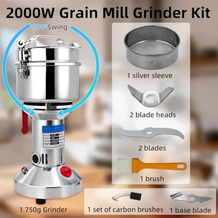 750g Grain Mill Grinder, 2000W High Speed Wheat Grinder for Making Flour, Stainless Steel Countertop Grain Mill Flour Suitable