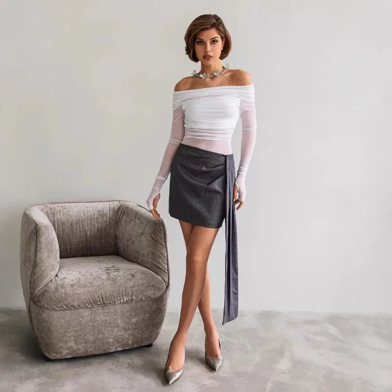 Women  Mesh Off Shoulder Top Sheer Long Sleeve Ruched Blouse Bodycon Slim Fit Going Out Clubwear Crop Top for Party Y2k Clothes