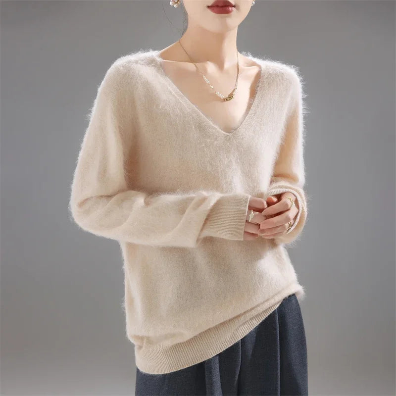 2025 Women's 100% Merino Wool Sweater, Thick Loose Knit Pullover Long Sleeve Solid Color(72 characters)
